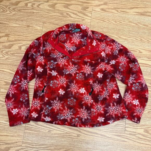 LLBean women's large vtg vintage red polartec teddy fleece snowflake pull over - Picture 1 of 3